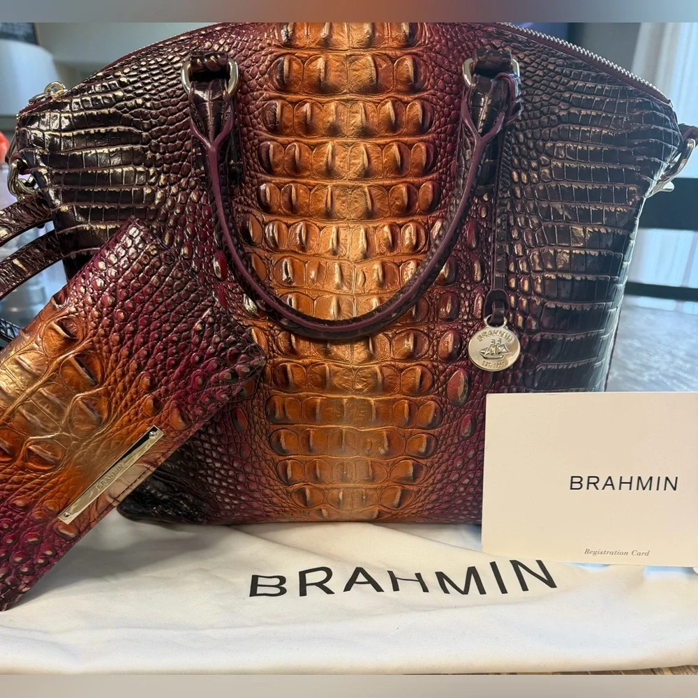 Brahmin Ombre Croc-Embossed Satchel in Burgundy and Tan - Picture 1 of 6